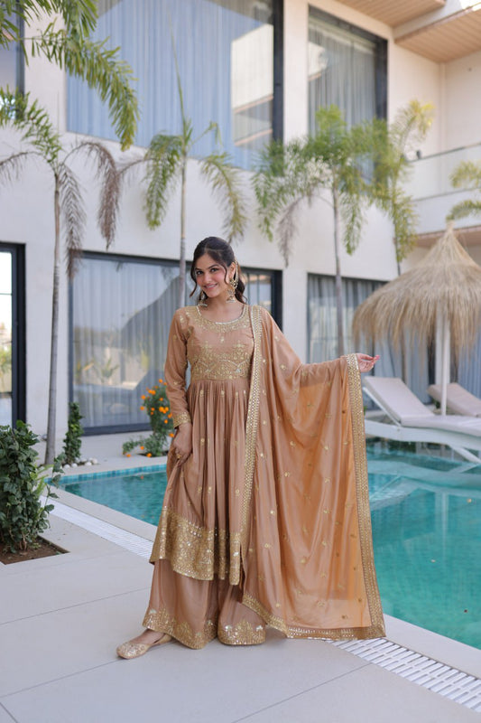 The Royal Biscuit Beige Anarkali Sharara Set | Designer Festive Wear