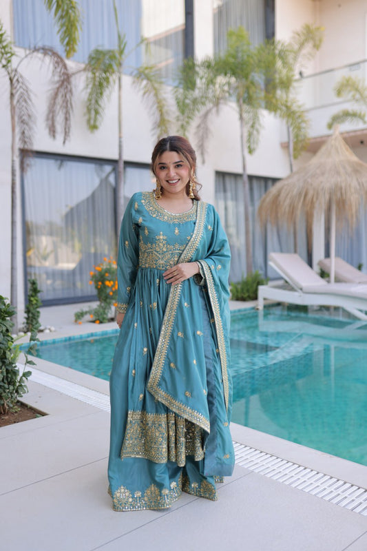 Teal Blue Georgette Sharara Suit Set with Intricate Gold Zari Embroidery & Matching Dupatta - Festive & Wedding Wear