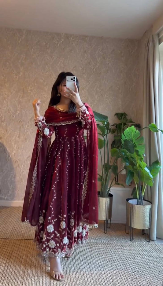 Deep Maroon Embroidered Anarkali Suit with Scalloped Border Dupatta
