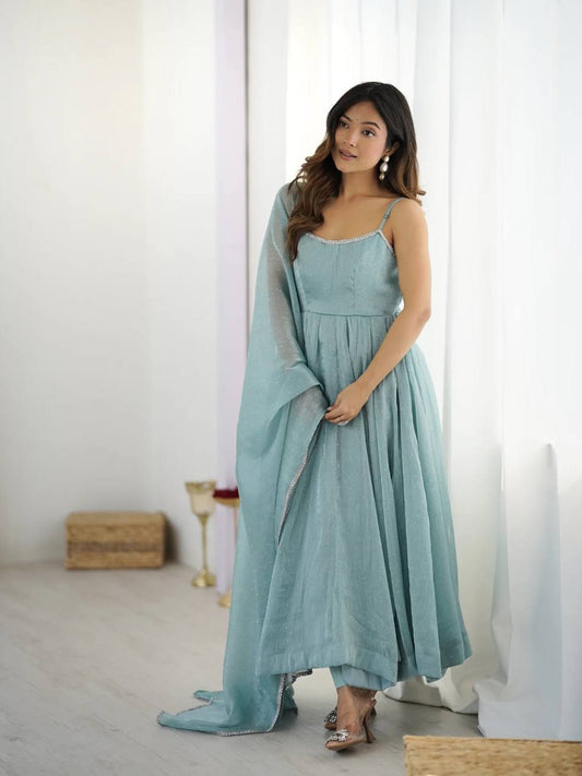 Ethereal Seafoam Blue Chiffon Anarkali Set with Shimmer Accents