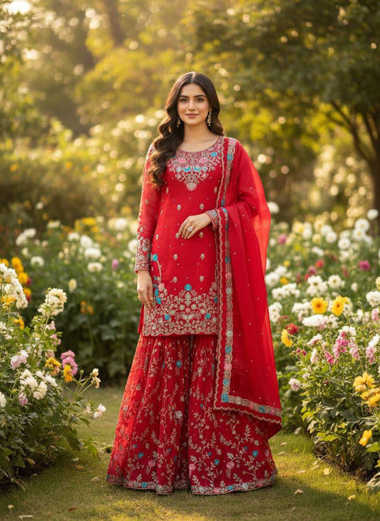 Red Floral Embroidered Designer Sharara Suit