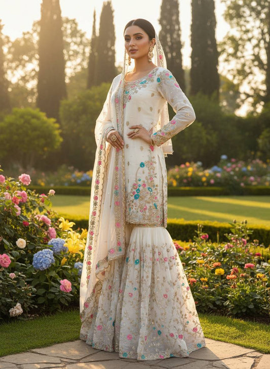 White Floral Embroidered Designer Sharara Suit (Copy)