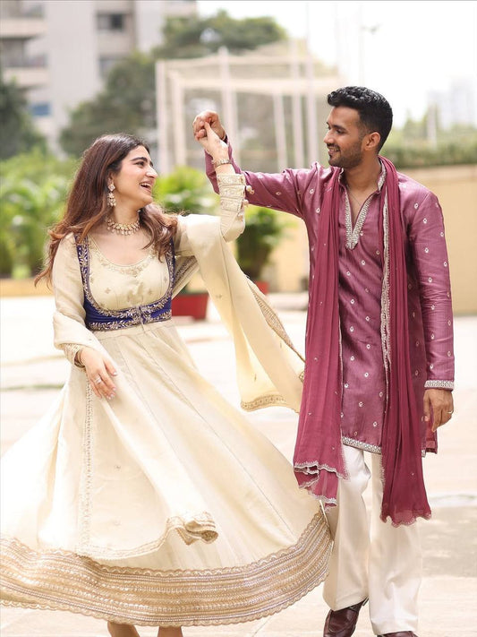 Ivory & Royal Blue Jacket-Style Anarkali Suit with Zari Embroidery