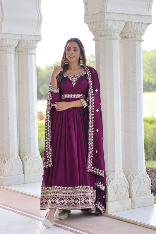 Vichitra Silk Gown With Dupatta Set