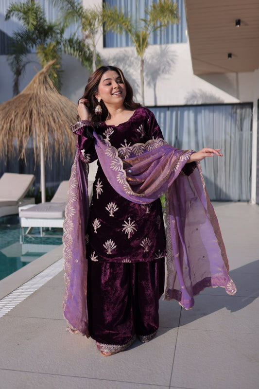 Fancy V Neck Ice Velvet Embroidered Top Plazo with Dupatta