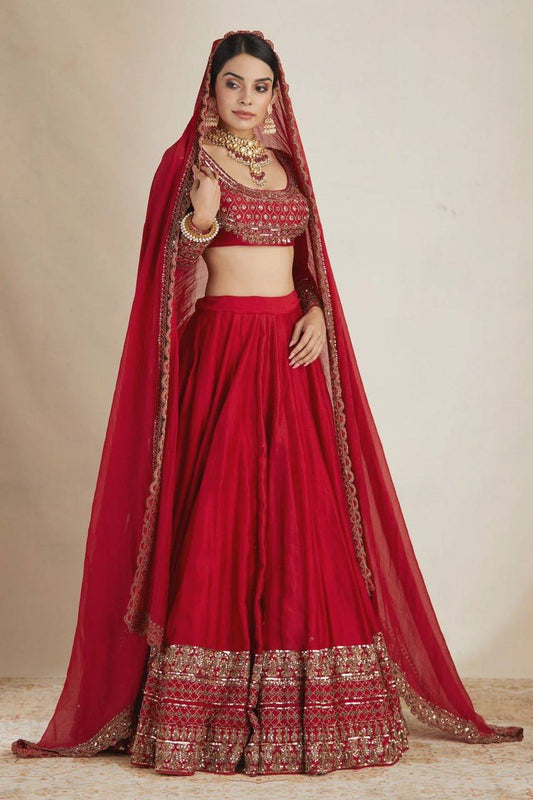 Women's Red Bridal Embroidered Lehenga Choli with Dupatta | Designer Wedding Lehenga Set
