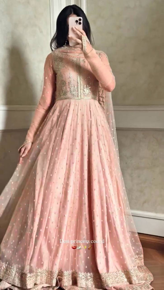 Women's Peach Embroidered Anarkali Kurta Sharara Set with Net Dupatta | Party Wear Ethnic Suit | Sworny Fashion