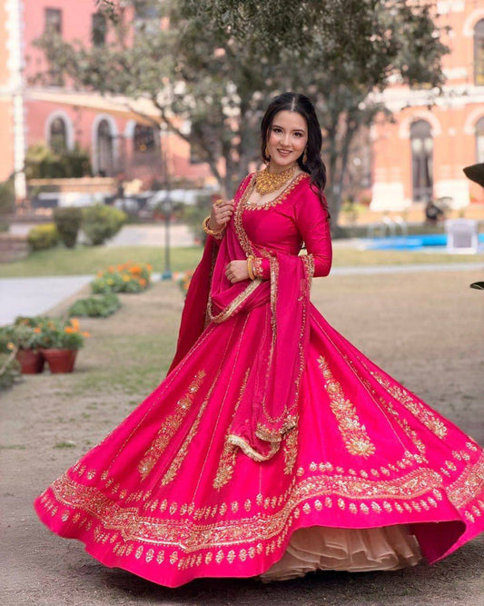 Women's Hot Pink Embroidered Georgette Lehenga Choli with Dupatta | Wedding | Reception | Festive Wear