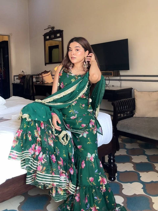 Women's Emerald Green Floral Print Georgette Sharara Suit Set with Gota Work & Dupatta - Sleeveless Festive Wear