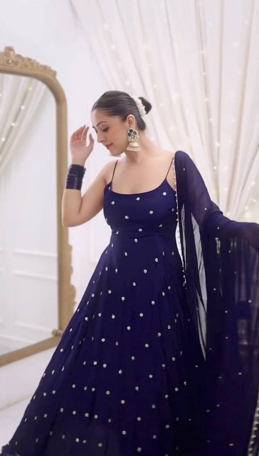 Midnight Blue Georgette Anarkali Suit Set – Sleeveless Flared Gown with Dupatta & Pants