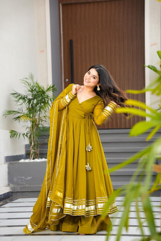 Women’s Mustard Yellow Flared Anarkali Kurta Set – Festive Angrakha Style with Dupatta