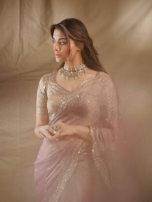 Blush Pink Embroidered Designer Saree with Blouse | Wedding & Party Wear