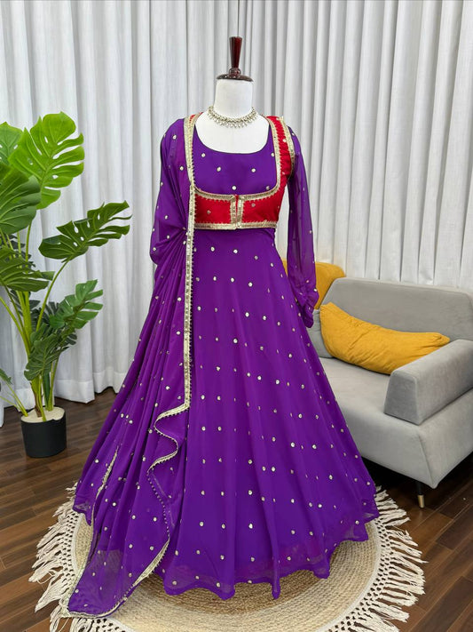 Descriptive (SEO Friendly): Designer Purple & Red Jacket Style Anarkali Suit | Georgette Party Wear Gown with Dupatta | Festive Ethnic Set for Women
