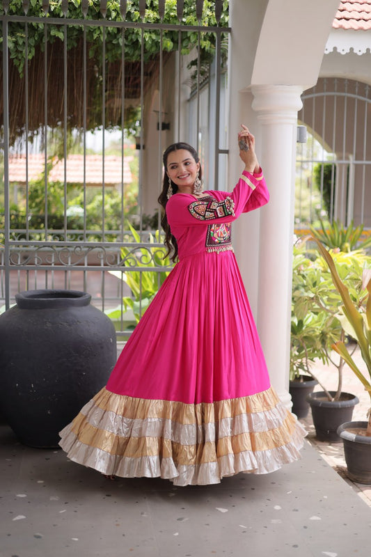 Kutchi Gamthi Embroidered Rayon Gown with 12 Meter Flair | Festive & Wedding Wear