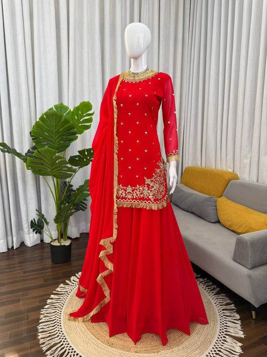 The 'Crimson Radiance' Set: Heavy Georgette Kurta with Flared Sharara and Embroidered Dupatta