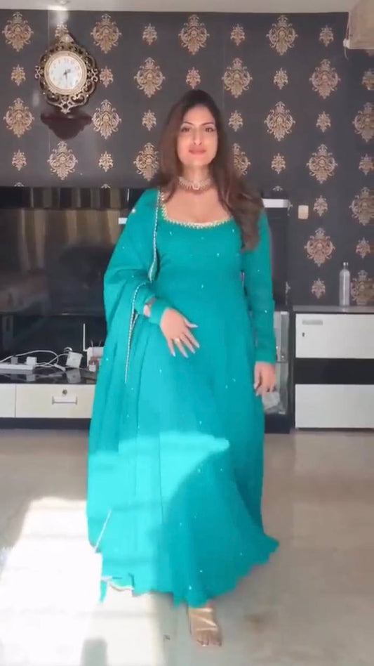 Elegant Aqua Faux Georgette Anarkali Suit Set with Real Mirror Handwork & Pearl Lace Dupatta | Party Wear Ethnic Dress for Women