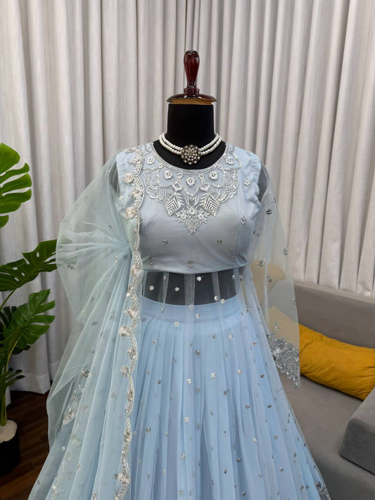 Ethereal Ice Blue Net Lehenga Choli with Silver Sequin & Zari Embroidery