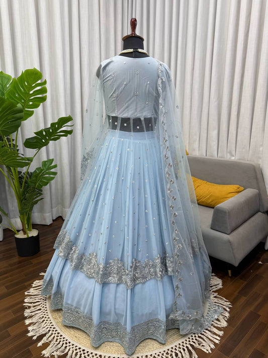 Ethereal Ice Blue Net Lehenga Choli with Silver Sequin & Zari Embroidery