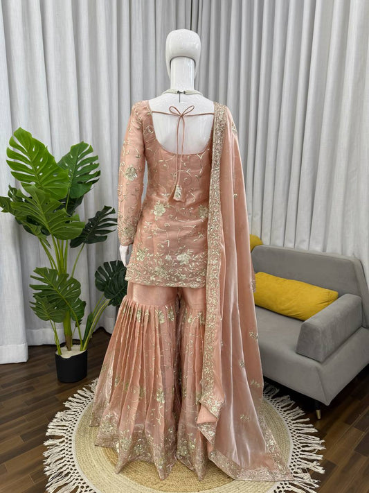 Women's Pastel Peach Party Wear Sharara Suit | Heavy Embroidered Kurta with Flared Gharara Pants & Dupatta