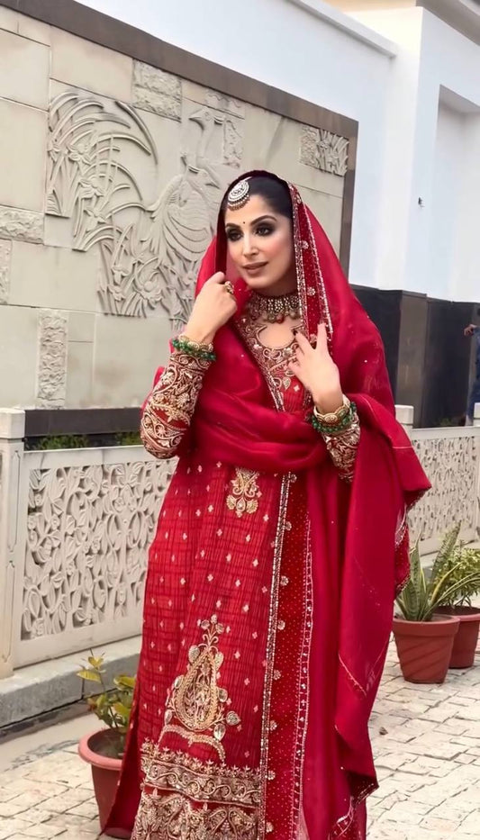 The Crimson Radiance: Embroidered Festive Sharara Set