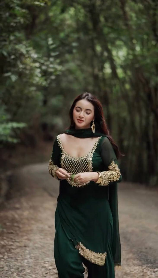 Emerald Green Premium Georgette Patiala Suit Set with Heavy Zari & Sequin Embroidery – Party Wear Salwar Kameez