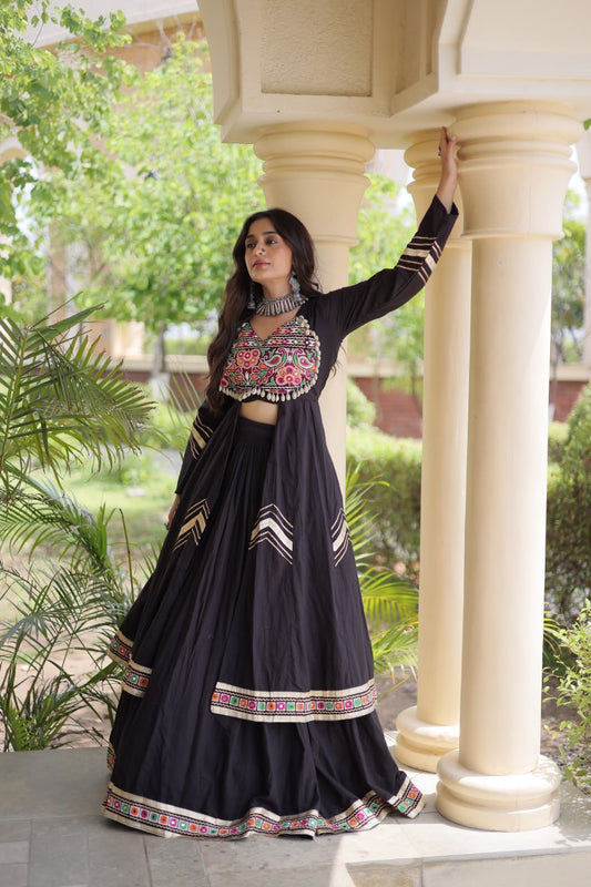 Women's Kora Cotton Lehenga with Gamthi Embroidery & Mirror Work Long Shrug | Festival & Navratri Wear