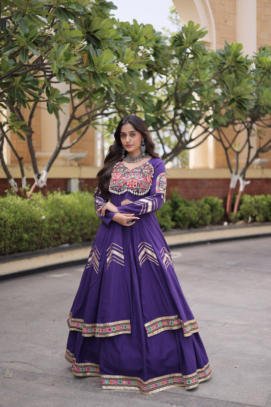 Women's Kora Cotton Lehenga with Gamthi Embroidery & Mirror Work Long Shrug | Festival & Navratri Wear