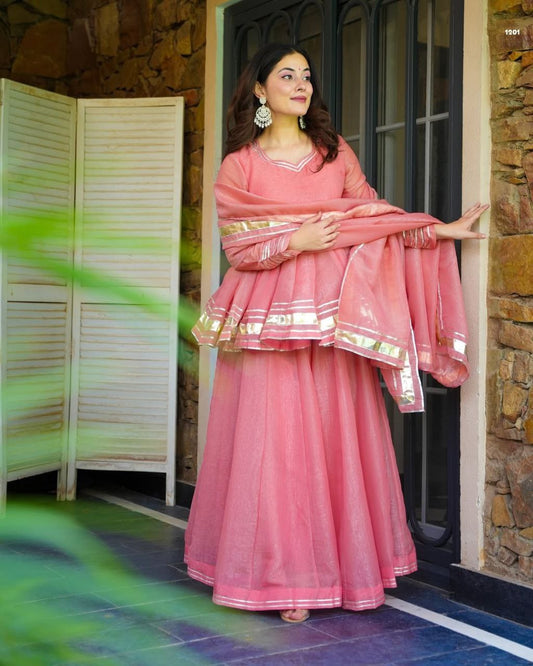 Women Gotta Patti Detail Long Sleeve A-Line Kurti Set With Dupatta