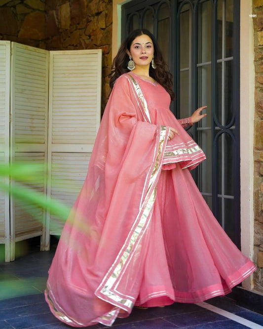 Women Gotta Patti Detail Long Sleeve A-Line Kurti Set With Dupatta
