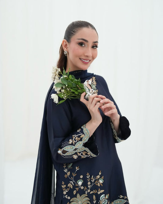 Luxe Navy Festive Suit Set with Asymmetrical Floral Embroidery