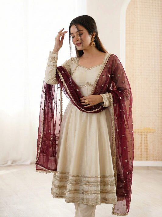 The Aanya Set: Classic Ivory Anarkali with Wine Dupatta
