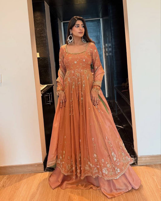Women's Salmon Peach Party Wear Anarkali Gown with Embroidered Dupatta – Wedding & Festive Special
