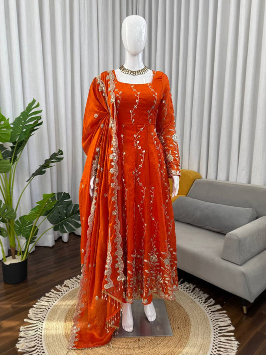 Women's Radiant Orange Silk Blend Anarkali Suit with Zari Embroidery & Scalloped Dupatta