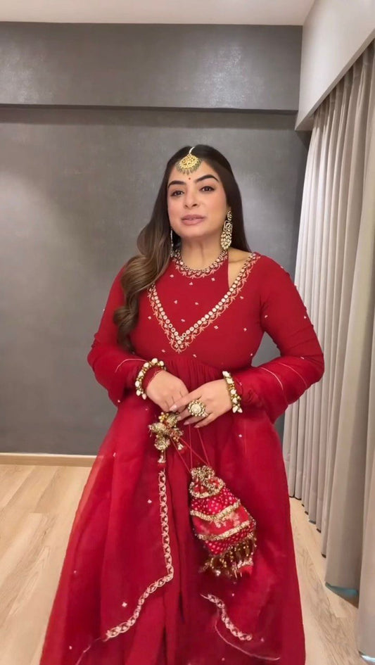 Crimson Red Embroidered Anarkali Suit Set - 3 Piece Festive Wear
