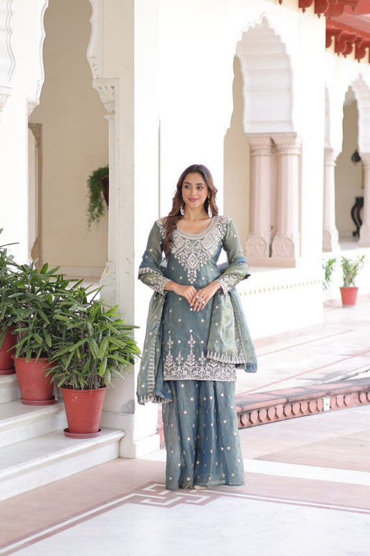 Greyiesh Two Tone Silk Designer Top-Sharara-Dupatta