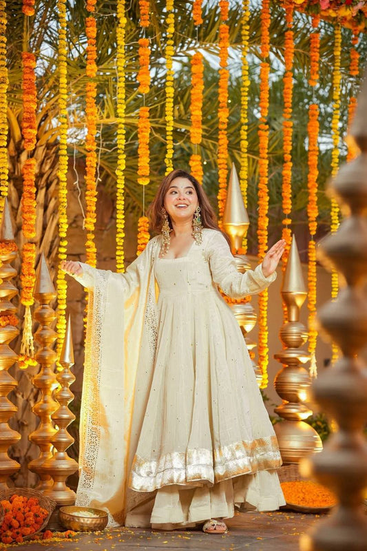 Royal Ivory & Gold Flared Anarkali Set with Designer Back & Dupatta