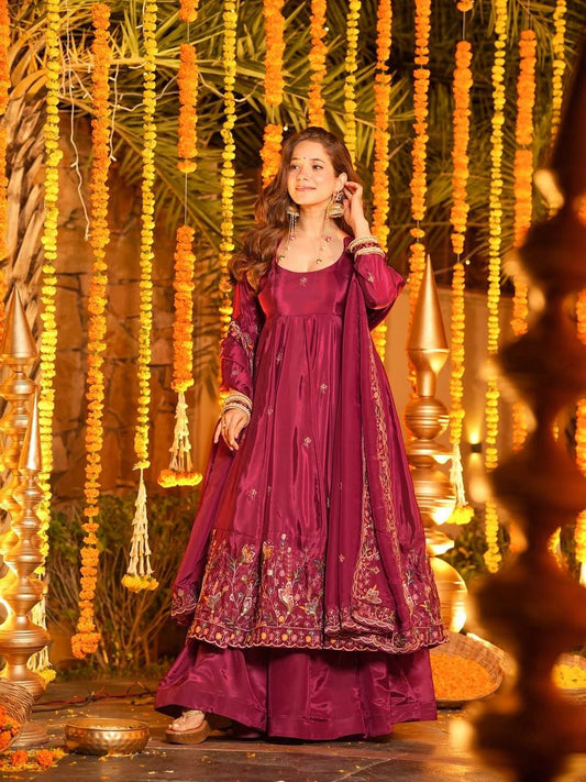 Royal Wine Embroidered Anarkali Kurta with Skirt & Dupatta - Festive Collection