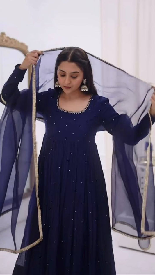 Navy Blue Party Wear Anarkali Suit – Full Sleeve Georgette Gown with Dupatta