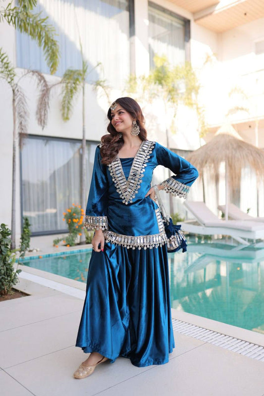 Mirror work Designer suit Set Blue