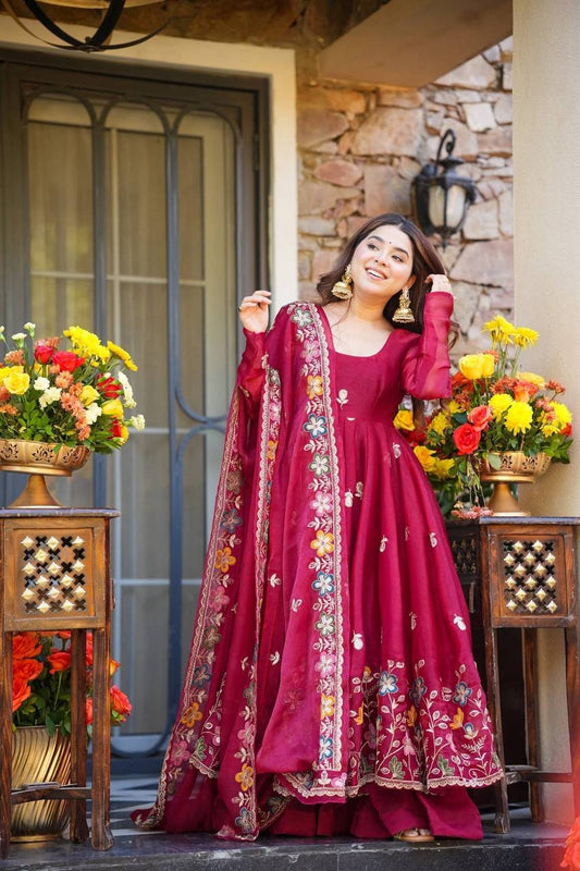 Designer Maroon Floor-Length Anarkali Gown – Festive Organza Party Wear with Back Tassels