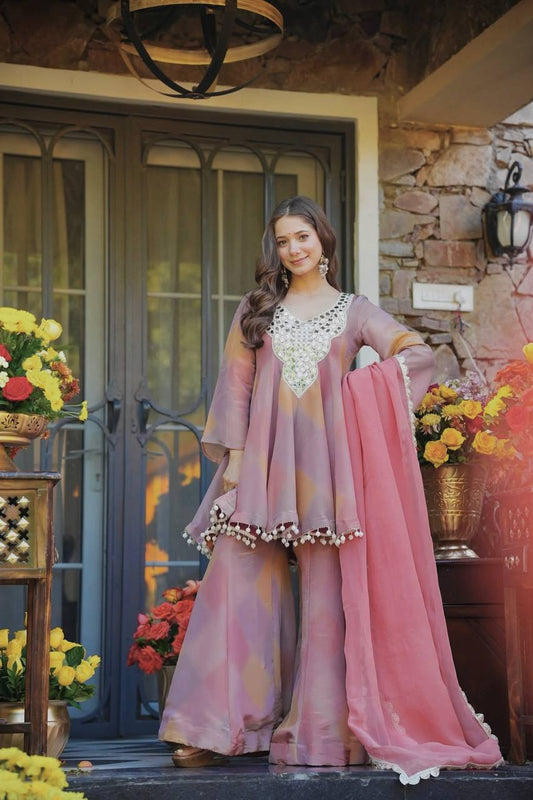 Ethereal Blush Pink Peplum Sharara Set with Scalloped Dupatta