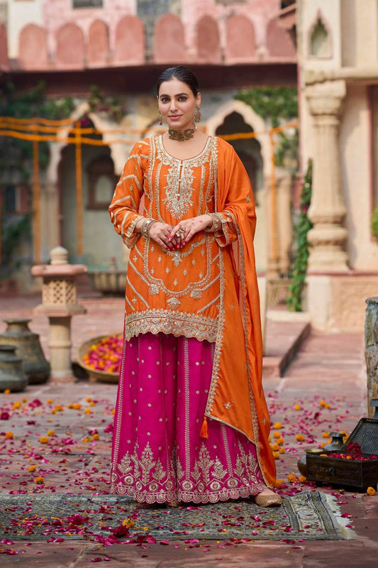 The 'Sunset' Ensemble: Orange & Pink Zari Work Festive Suit