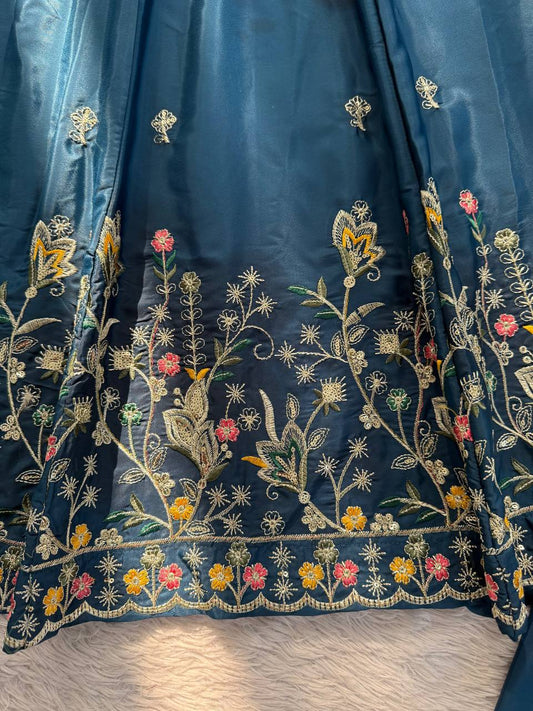 The Azure Floral Garden: Premium Teal Silk-Blend Anarkali Set with Cutwork Dupatta