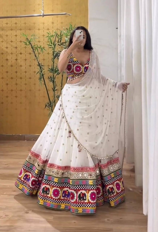White Navratri Chaniya Choli | Kutchi Mirror Work Lehenga Set | Gujarati Garba Outfit | Festival Wear | Wedding Lehenga