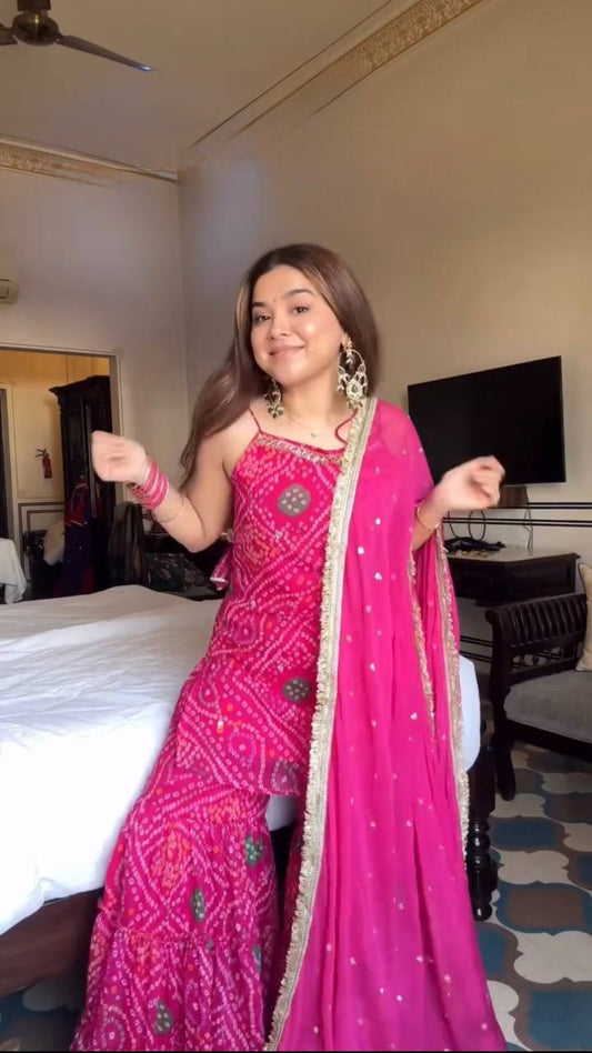 Fuschia Pink Bandhani Sharara Set with Gota Patti Detailing