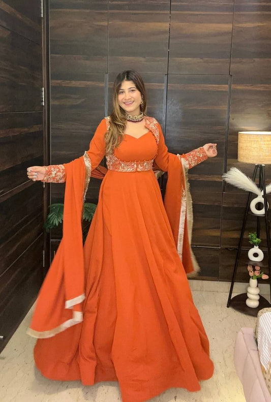 Designer Orange Floor-Length Anarkali | Festive Georgette Gown with Heavy Embroidered Koti