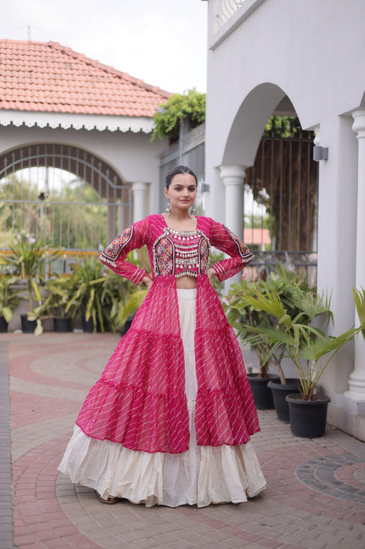 Women's Kora Cotton Lehenga with Laheriya Faux Georgette Long Kurti | Kutchi Patchwork Indo-Western Festival Set