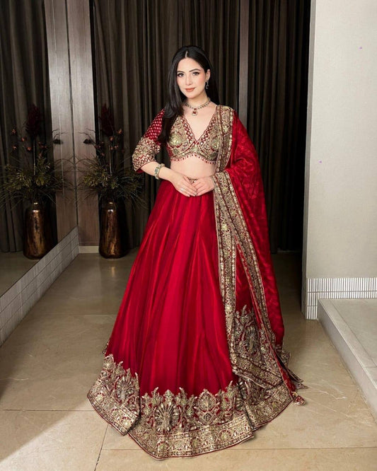 Luxury Red Chinon Lehenga Choli with Sequins Embroidery & Digital Printed Dupatta