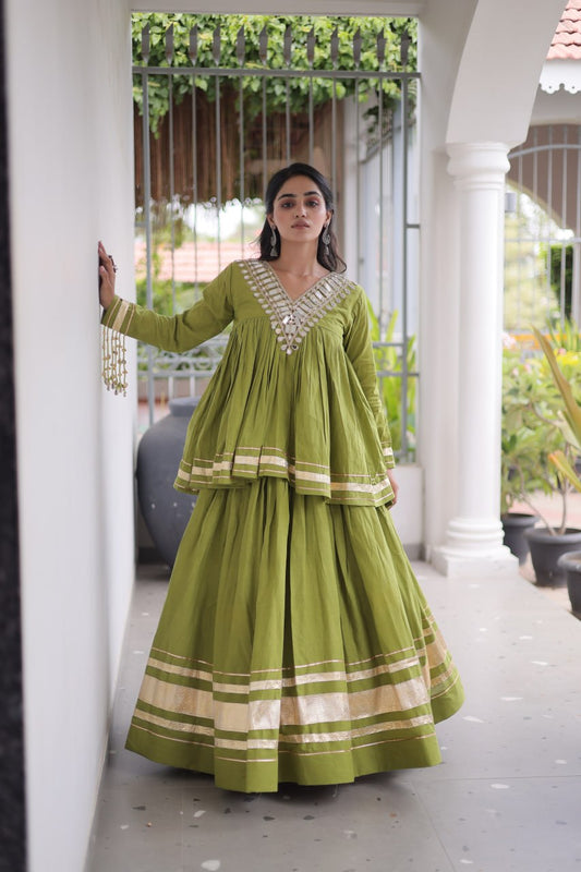 Women's Kora Cotton Peplum Lehenga Set with Real Mirror Lace & Zari Gota Patti Work