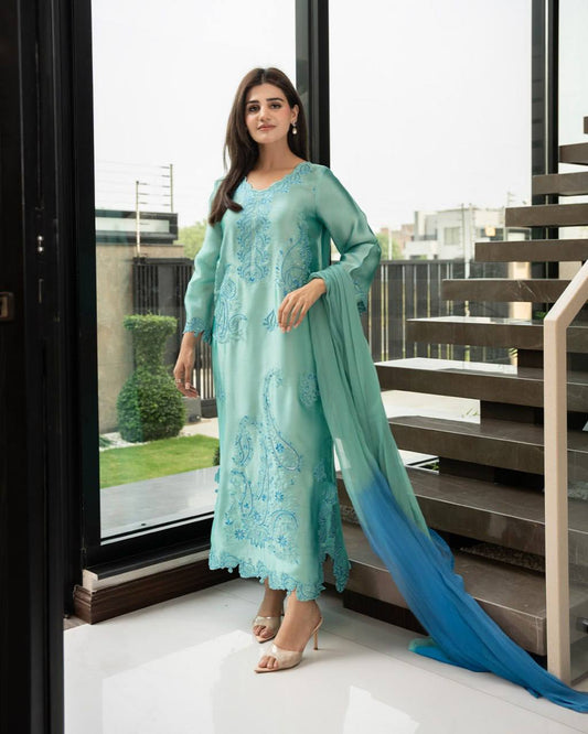 Aqua Blue Embroidered Salwar Suit Set with Ombre Chiffon Dupatta